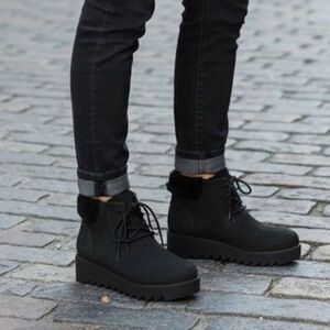 Eileen Fisher Kenille Genuine Shearling Trim Wedge Bootie Black New Size 10